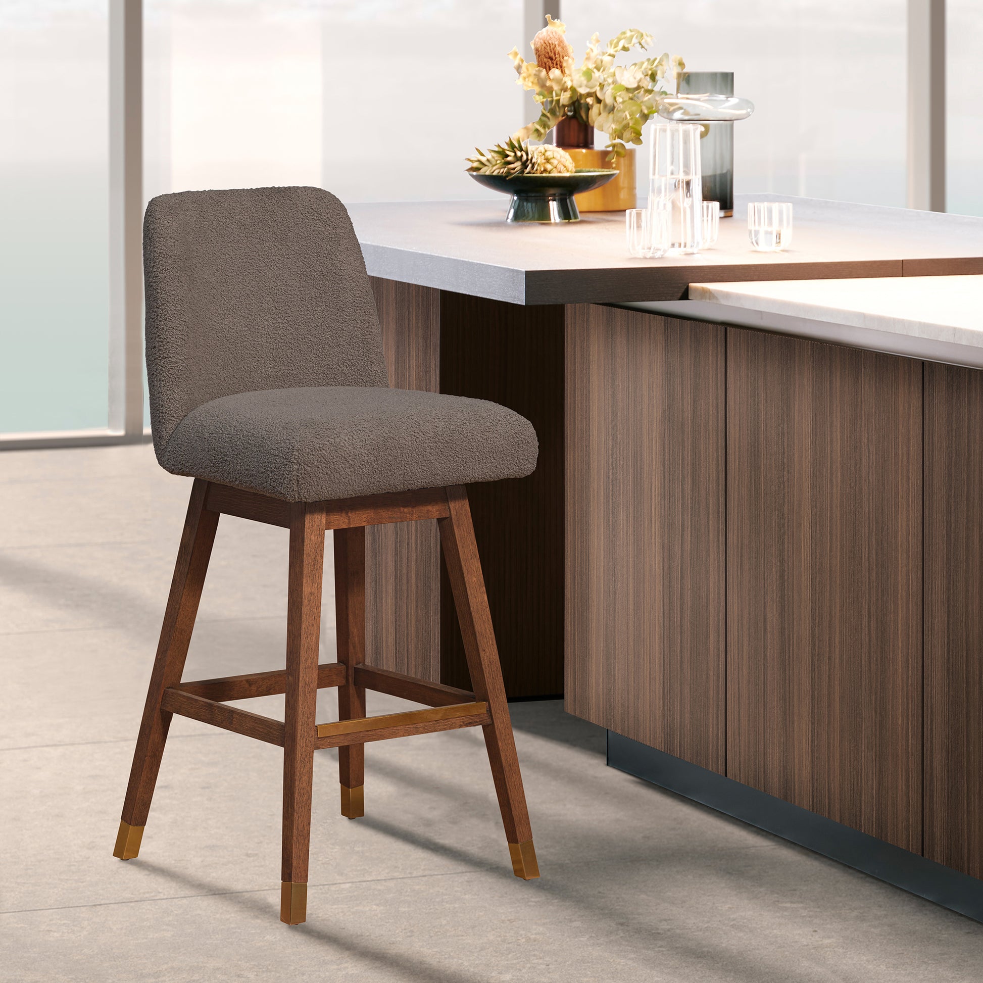 Amalie Swivel Counter Stool in Brown Oak Wood Finish with Taupe Boucle Fabric By Armen Living | Counter Stools | Modishstore
