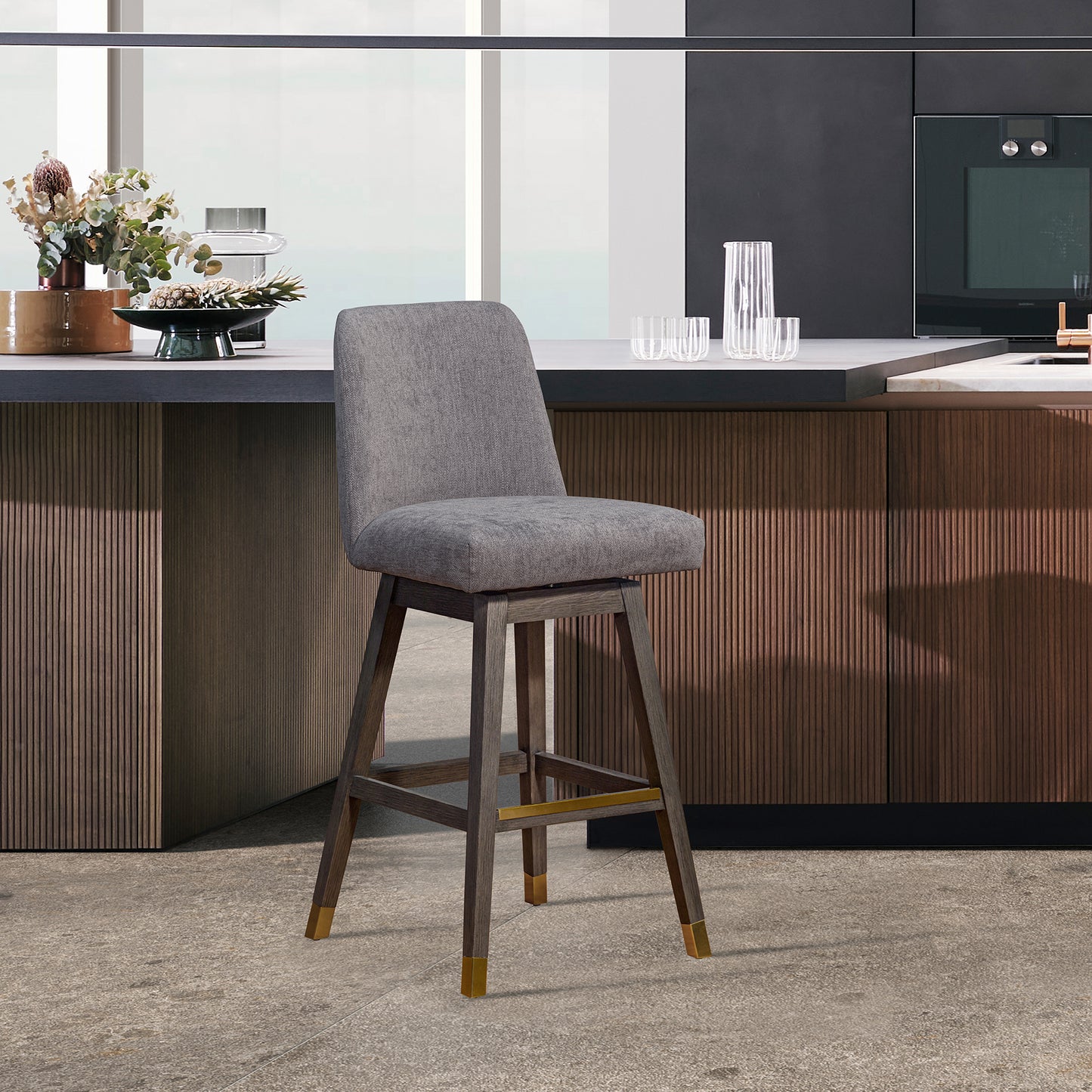 Amalie Swivel Counter Stool in Grey Oak Wood Finish with Mocha Fabric By Armen Living | Counter Stools | Modishstore