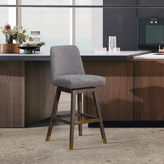 Amalie Swivel Counter Stool in Grey Oak Wood Finish with Mocha Fabric By Armen Living | Counter Stools | Modishstore