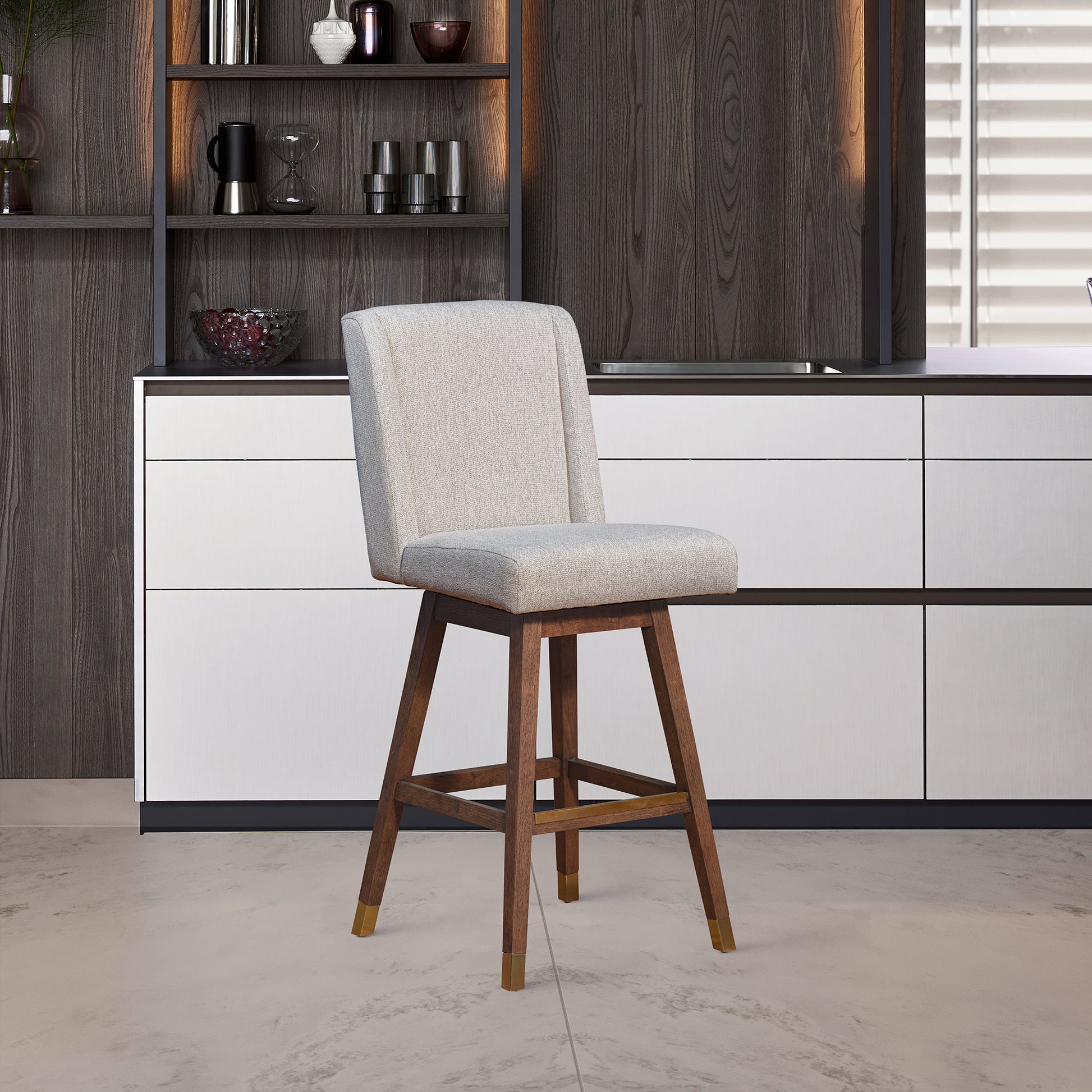 Stancoste Swivel Counter Stool in Brown Oak Wood Finish with Taupe Fabric By Armen Living | Counter Stools | Modishstore