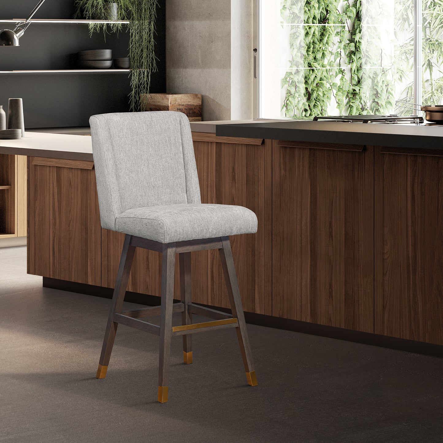 Stancoste Swivel Counter Stool in Grey Oak Wood Finish with Mocha Fabric By Armen Living | Counter Stools | Modishstore