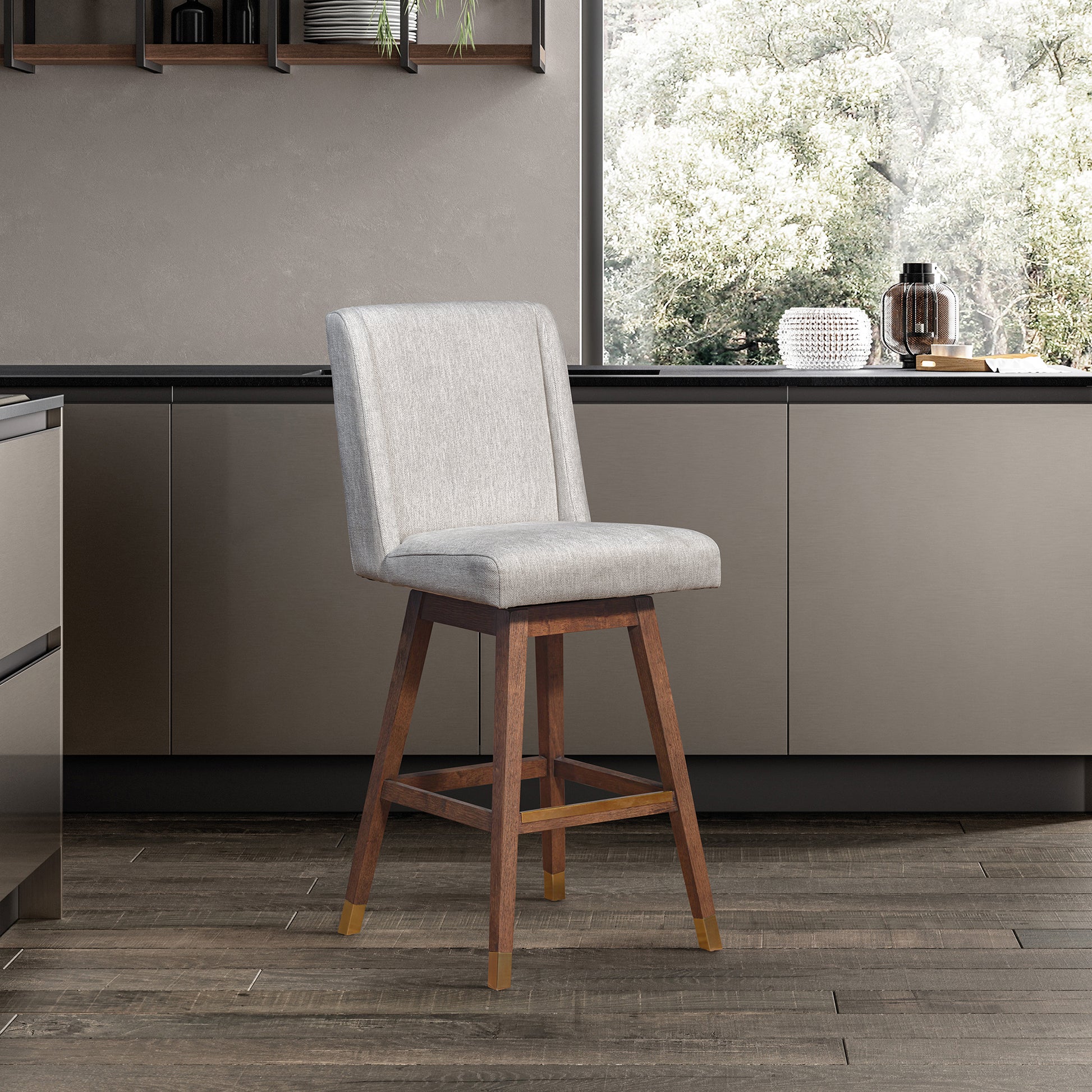 Stancoste Swivel Counter Stool in Brown Oak Wood Finish with Beige Fabric By Armen Living | Counter Stools | Modishstore