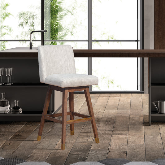 Basila Swivel Counter Stool in Brown Oak Wood Finish with Beige Fabric By Armen Living | Counter Stools | Modishstore