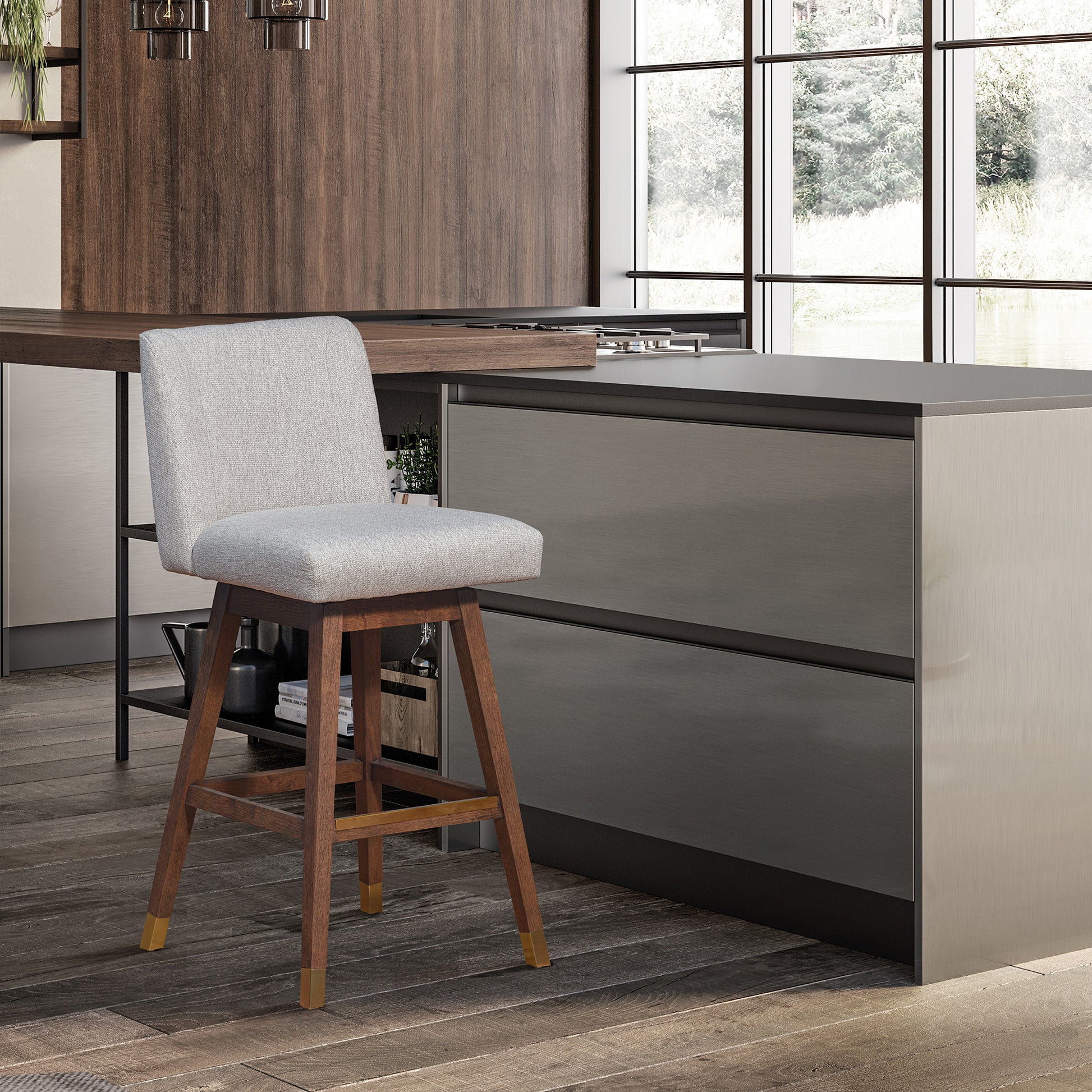 Basila Swivel Counter Stool in Brown Oak Wood Finish with Taupe Fabric By Armen Living | Counter Stools | Modishstore