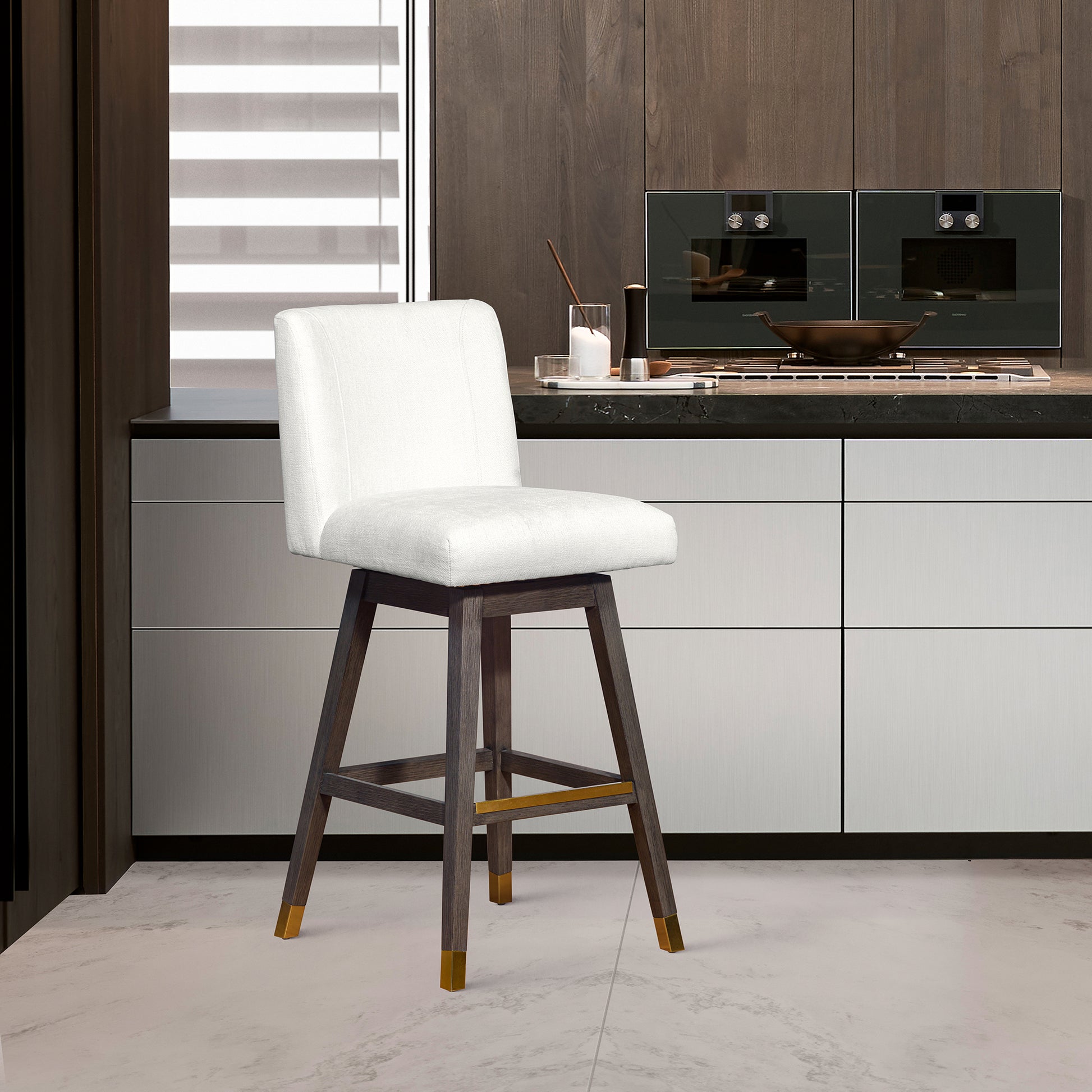 Basila Swivel Counter Stool in Grey Oak Wood Finish with Pearl Fabric By Armen Living | Counter Stools | Modishstore