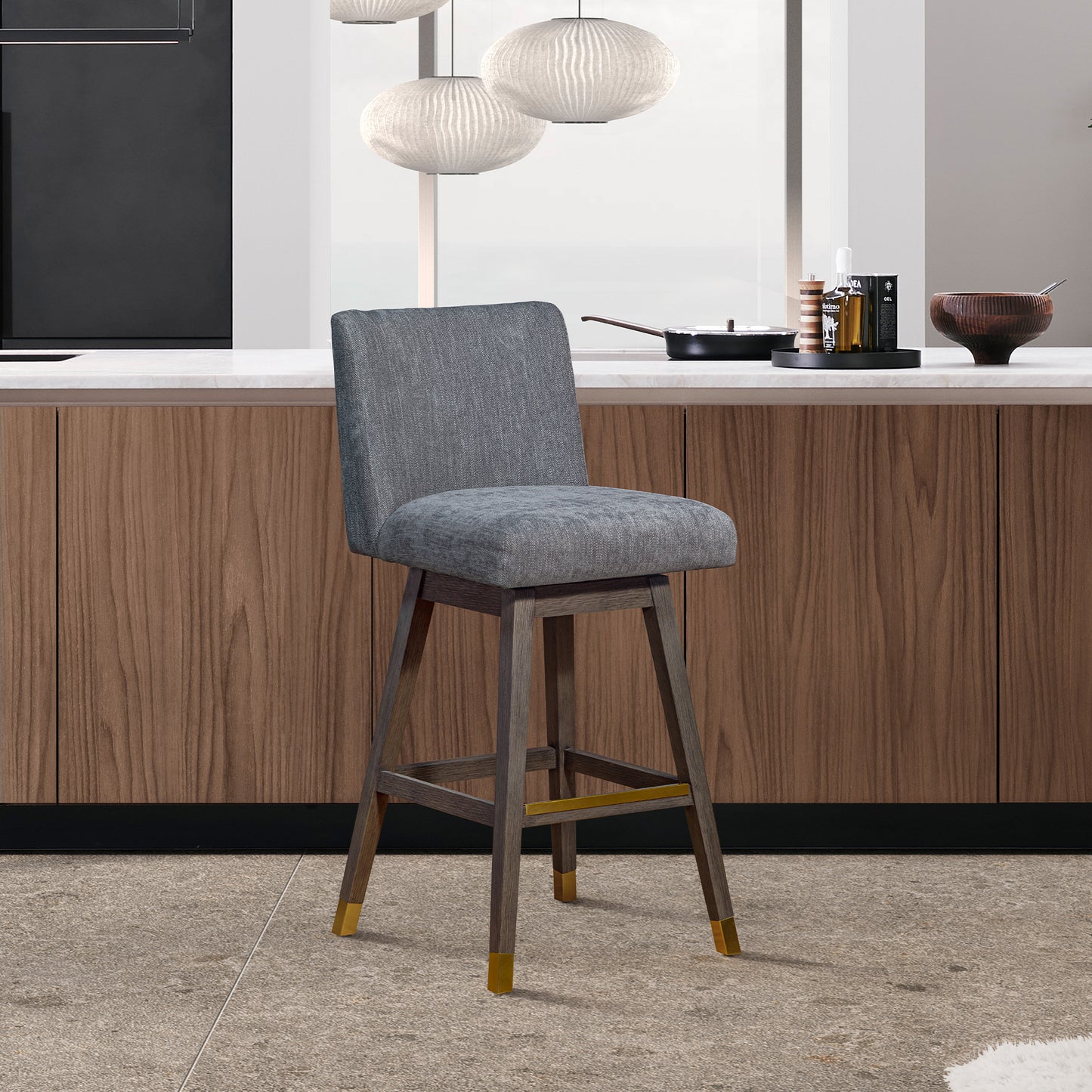 Basila Swivel Counter Stool in Grey Oak Wood Finish with Grey Fabric By Armen Living | Counter Stools | Modishstore