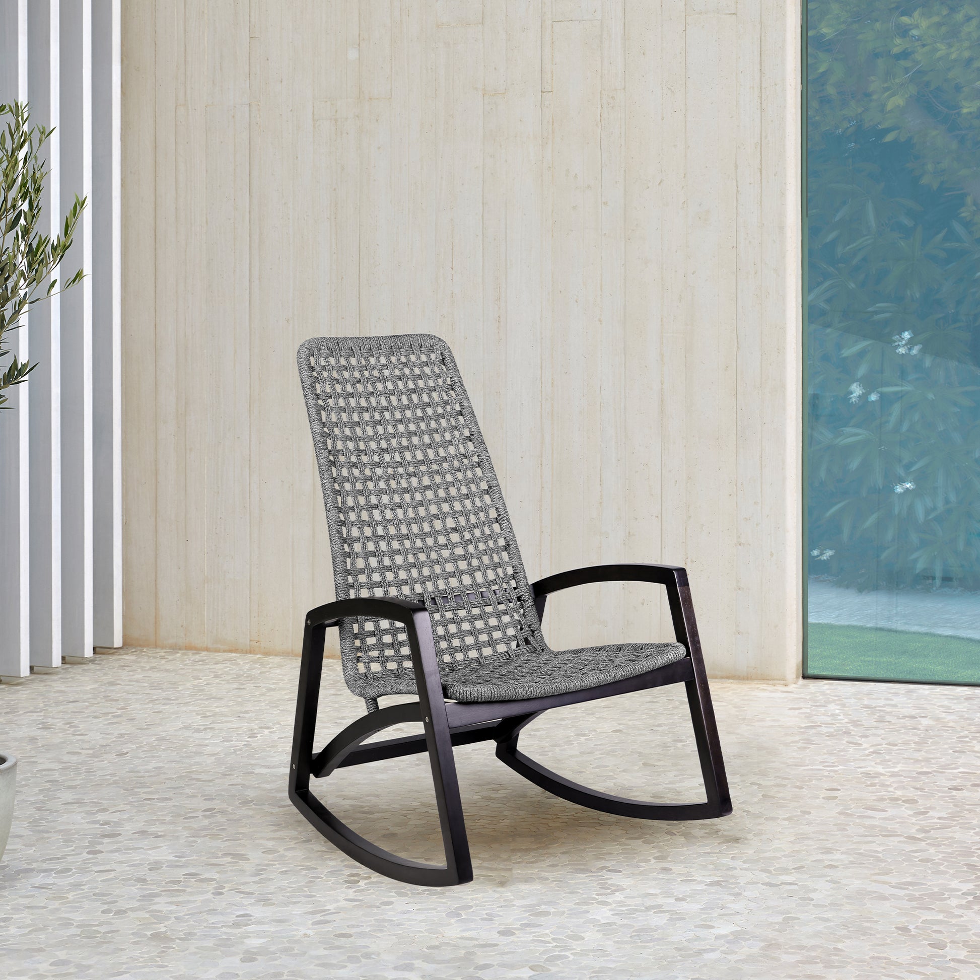 Sequoia Outdoor Patio Rocking Chair in Dark Eucalyptus Wood and Grey Rope By Armen Living | Outdoor Chairs | Modishstore