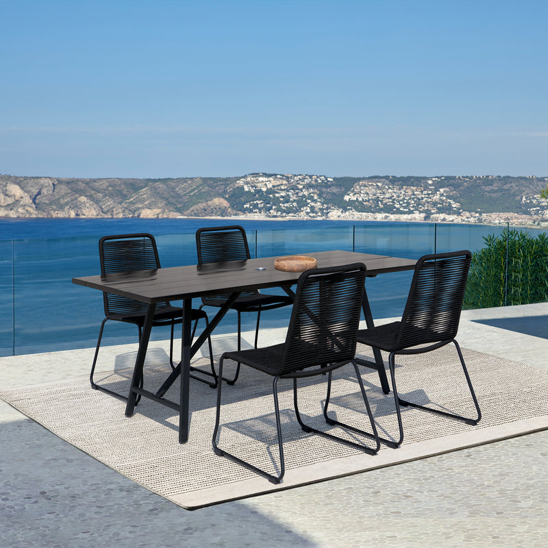 Koala and Shasta 5 Piece Dining Set in Dark Eucalyptus and Metal with Black Rope By Armen Living | Outdoor Dining Sets | Modishstore