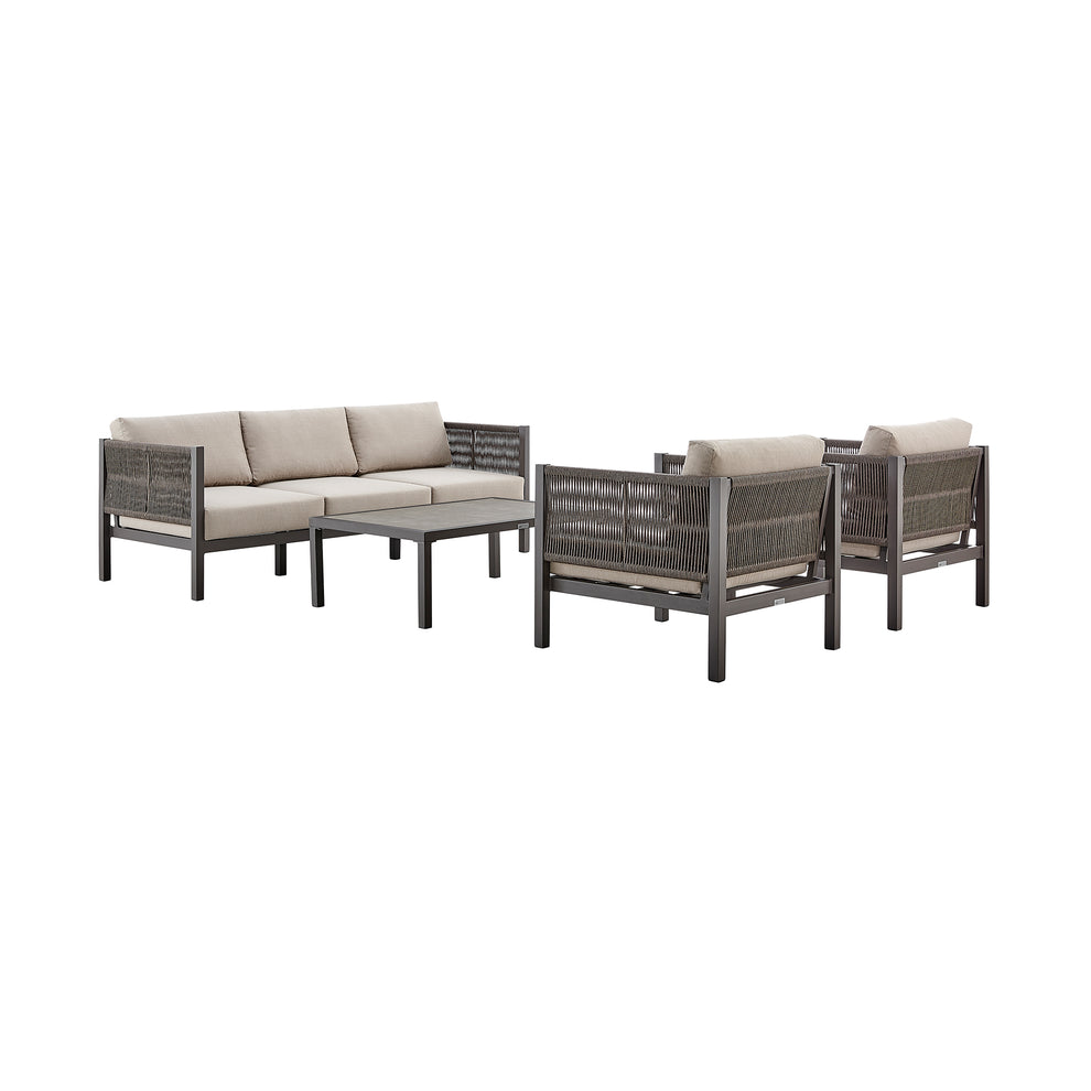 Cuffay 4 Piece Outdoor Patio Furniture Set in Brown Aluminum and Rope with Cushions By Armen Living | Outdoor Dining Sets | Modishstore - 2