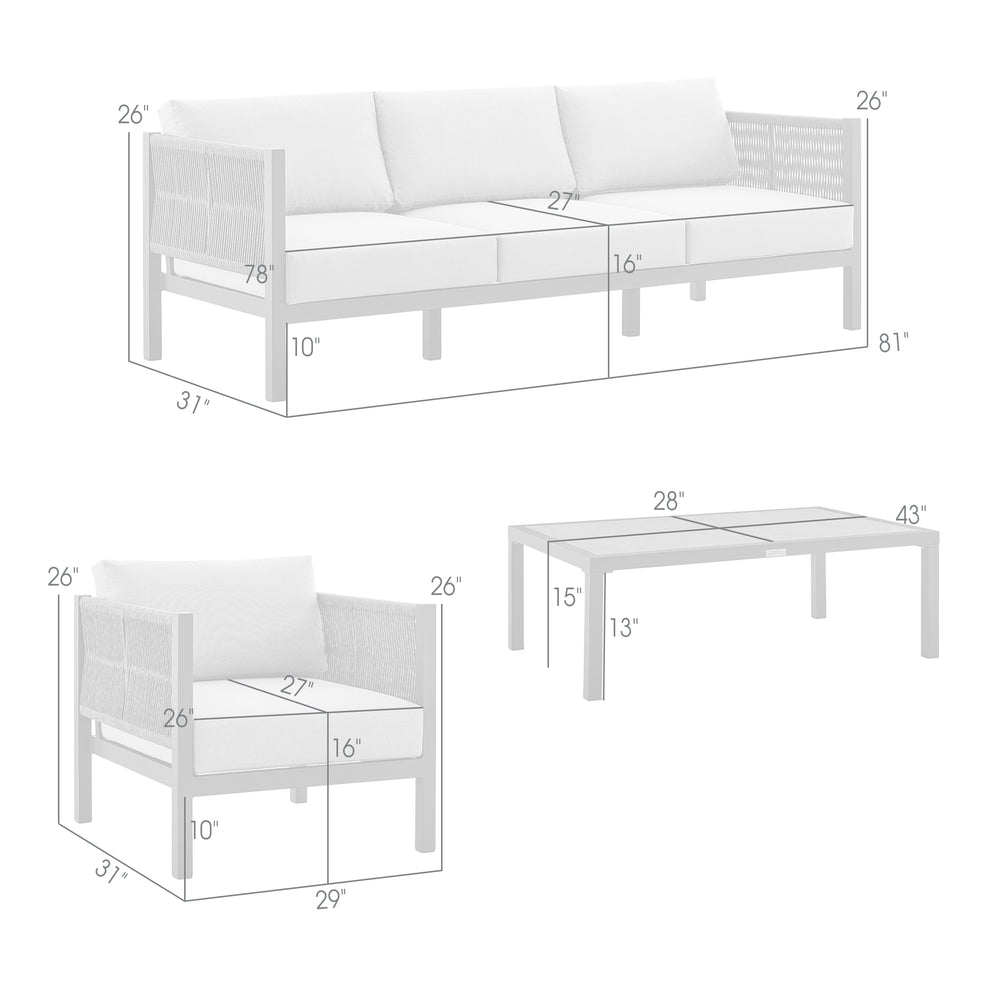 Cuffay 4 Piece Outdoor Patio Furniture Set in Brown Aluminum and Rope with Cushions By Armen Living | Outdoor Dining Sets | Modishstore - 9