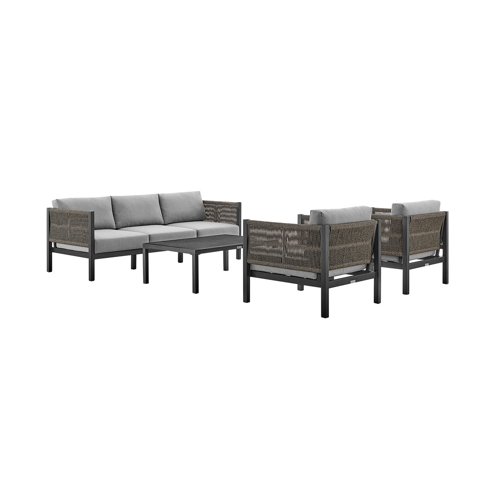 Cuffay 4 Piece Outdoor Patio Furniture Set in Brown Aluminum and Rope with Cushions By Armen Living | Outdoor Dining Sets | Modishstore - 12