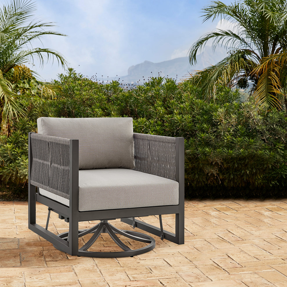 Cuffay Outdoor Patio Swivel Glider Lounge Chair in Black Aluminum with Grey Cushions By Armen Living | Outdoor Chairs | Modishstore - 11