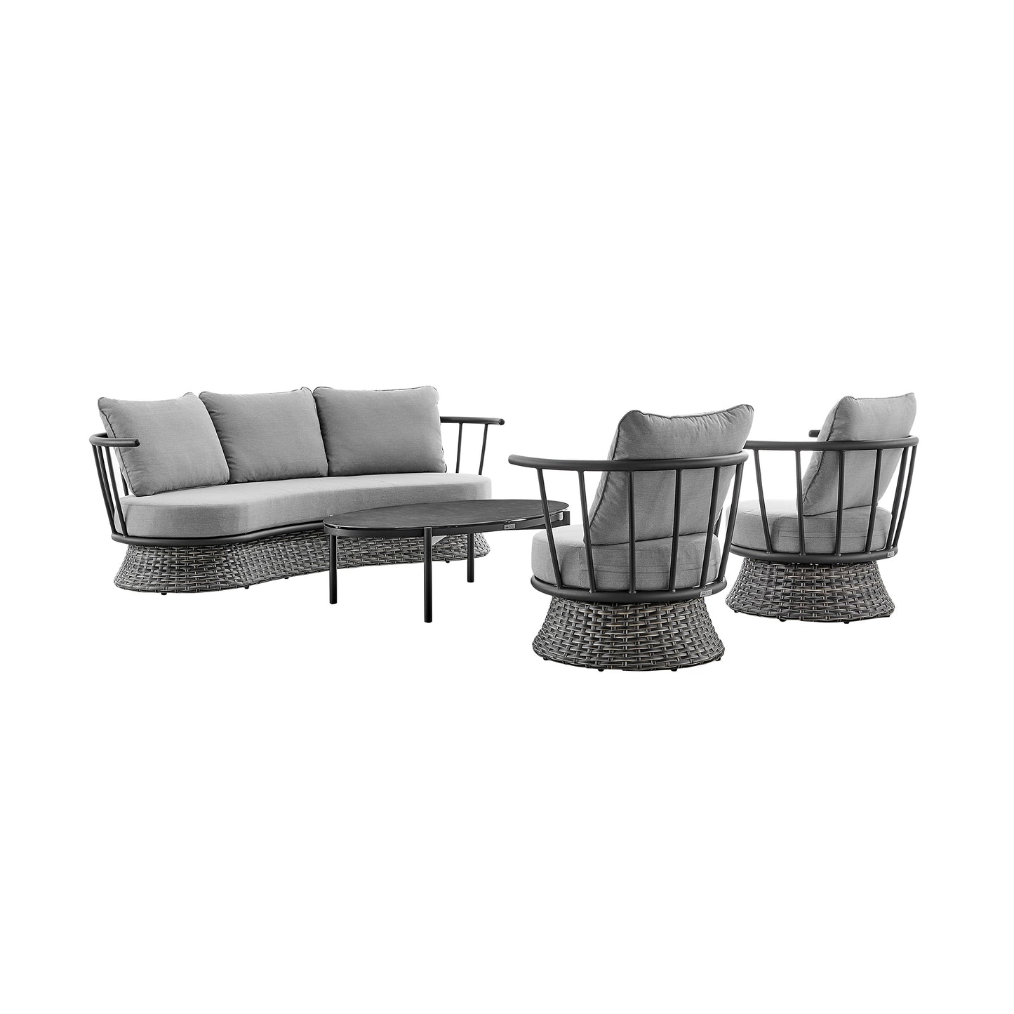 Monk 4 Piece Outdoor Patio Furniture Set in Black Aluminum and Grey Wicker with Grey Cushions By Armen Living | Outdoor Dining Sets | Modishstore - 2