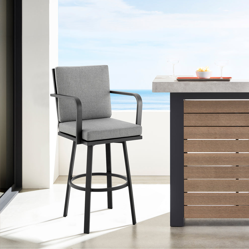 Don 30" Outdoor Patio Bar Stool in Black Aluminum with Grey Cushions  By Armen Living | Bar Stools | Modishstore