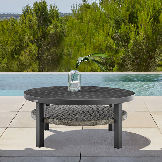 Aileen Outdoor Patio Round Coffee Table in Black Aluminum with Grey Wicker Shelf By Armen Living | Outdoor Tables | Modishstore
