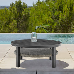 Aileen Outdoor Patio Round Coffee Table in Black Aluminum with Grey Wicker Shelf By Armen Living