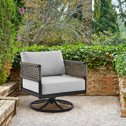 Felicia Outdoor Patio Swivel Rocking Chair in Black Aluminum and Grey Rope with Cushions By Armen Living | Outdoor Chairs | Modishstore