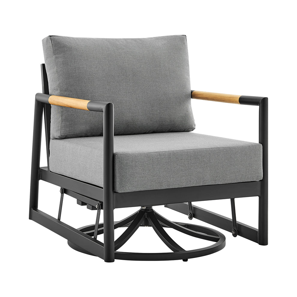 Royal Outdoor Patio Swivel Glider Lounge Chair in Black Aluminum and Teak Wood with Cushions By Armen Living | Outdoor Chairs | Modishstore - 2