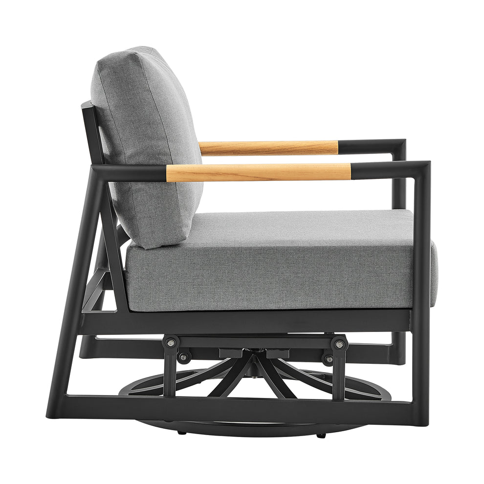 Royal Outdoor Patio Swivel Glider Lounge Chair in Black Aluminum and Teak Wood with Cushions By Armen Living | Outdoor Chairs | Modishstore - 4