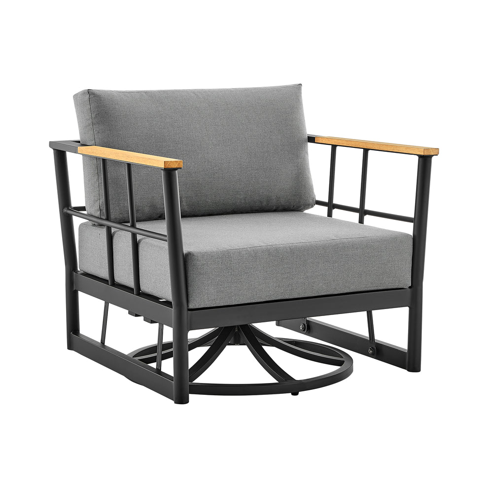 Shari Outdoor Patio Swivel Glider Lounge Chair in Black Aluminum and Teak Wood with Cushions By Armen Living | Outdoor Chairs | Modishstore - 2