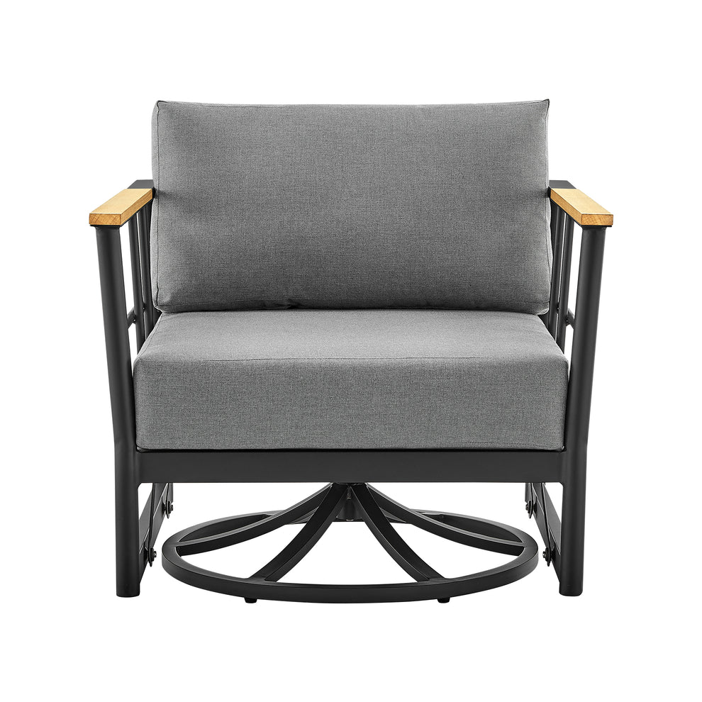 Shari Outdoor Patio Swivel Glider Lounge Chair in Black Aluminum and Teak Wood with Cushions By Armen Living | Outdoor Chairs | Modishstore - 3