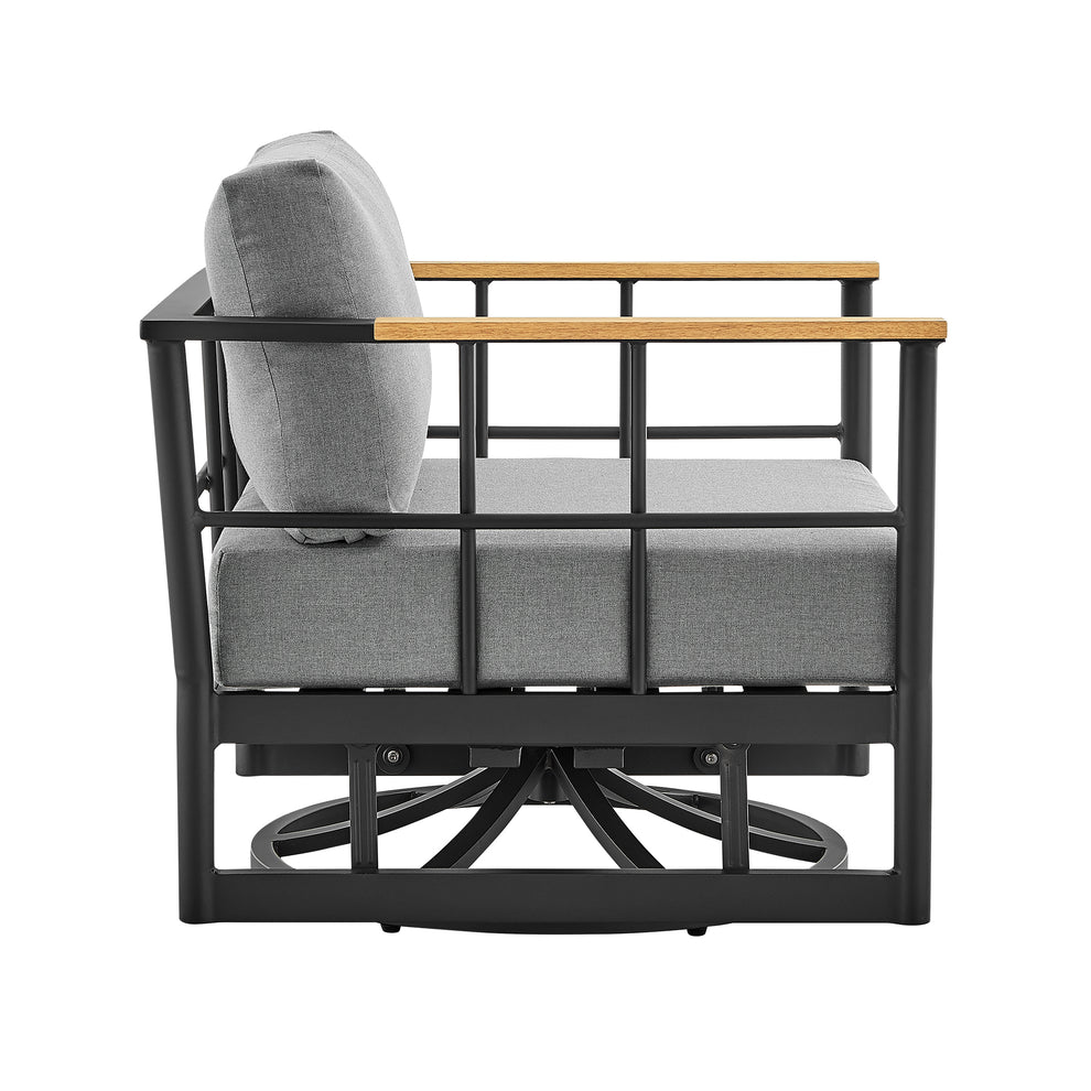 Shari Outdoor Patio Swivel Glider Lounge Chair in Black Aluminum and Teak Wood with Cushions By Armen Living | Outdoor Chairs | Modishstore - 4
