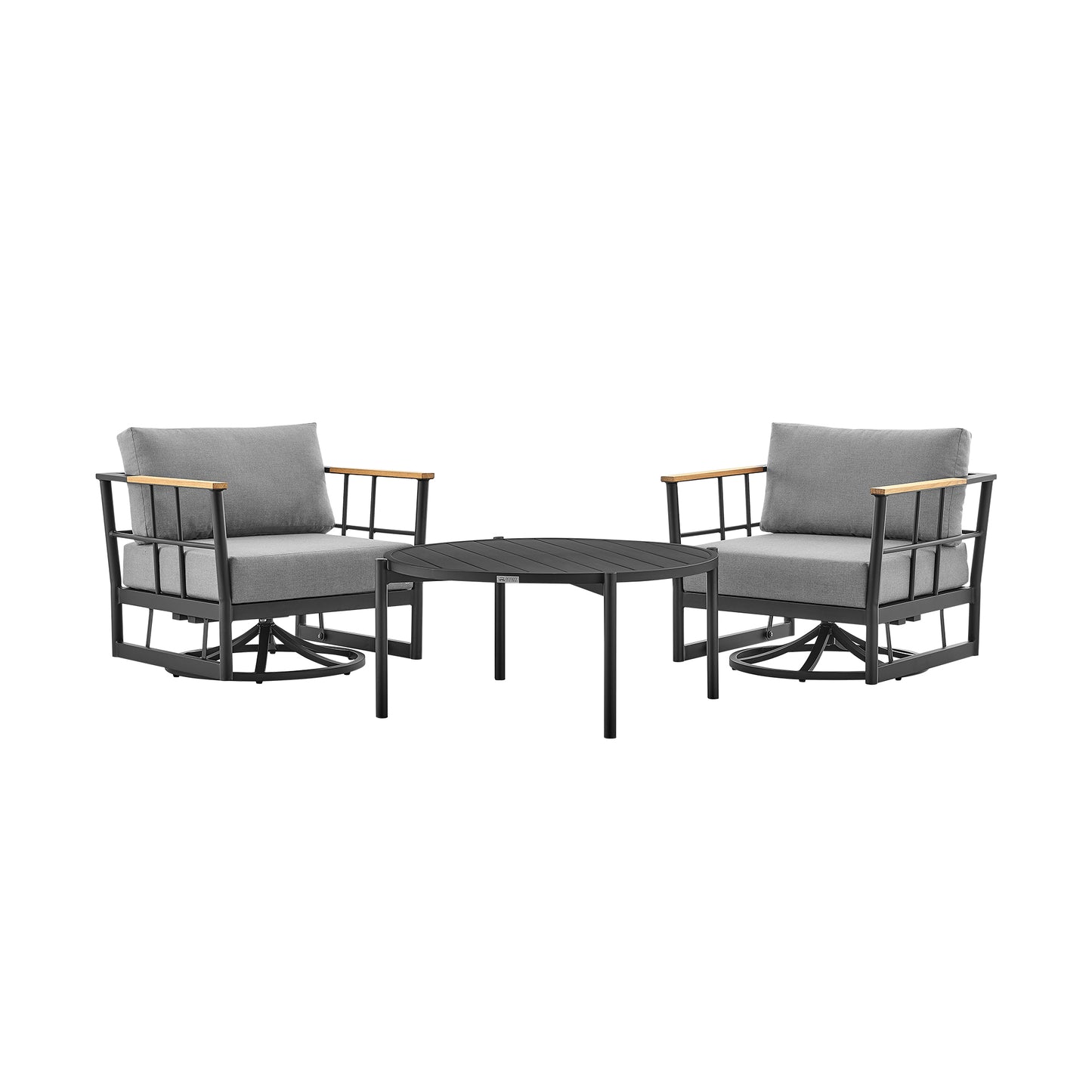 Shari and Tiffany 3 Piece Patio Outdoor Swivel Seating Set in Black Aluminum with Grey Cushions By Armen Living | Outdoor Sofas, Loveseats & Sectionals | Modishstore - 2