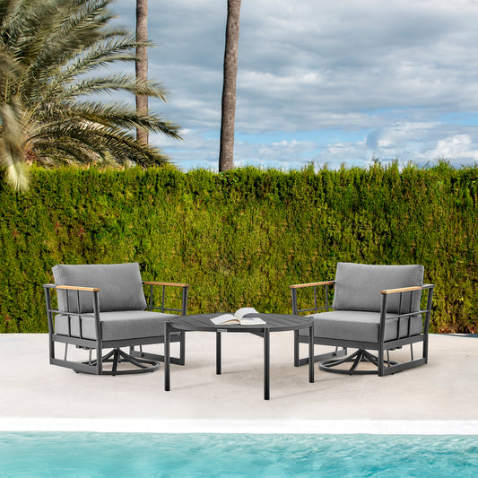 Shari and Tiffany 3 Piece Patio Outdoor Swivel Seating Set in Black Aluminum with Grey Cushions By Armen Living | Outdoor Sofas, Loveseats & Sectionals | Modishstore