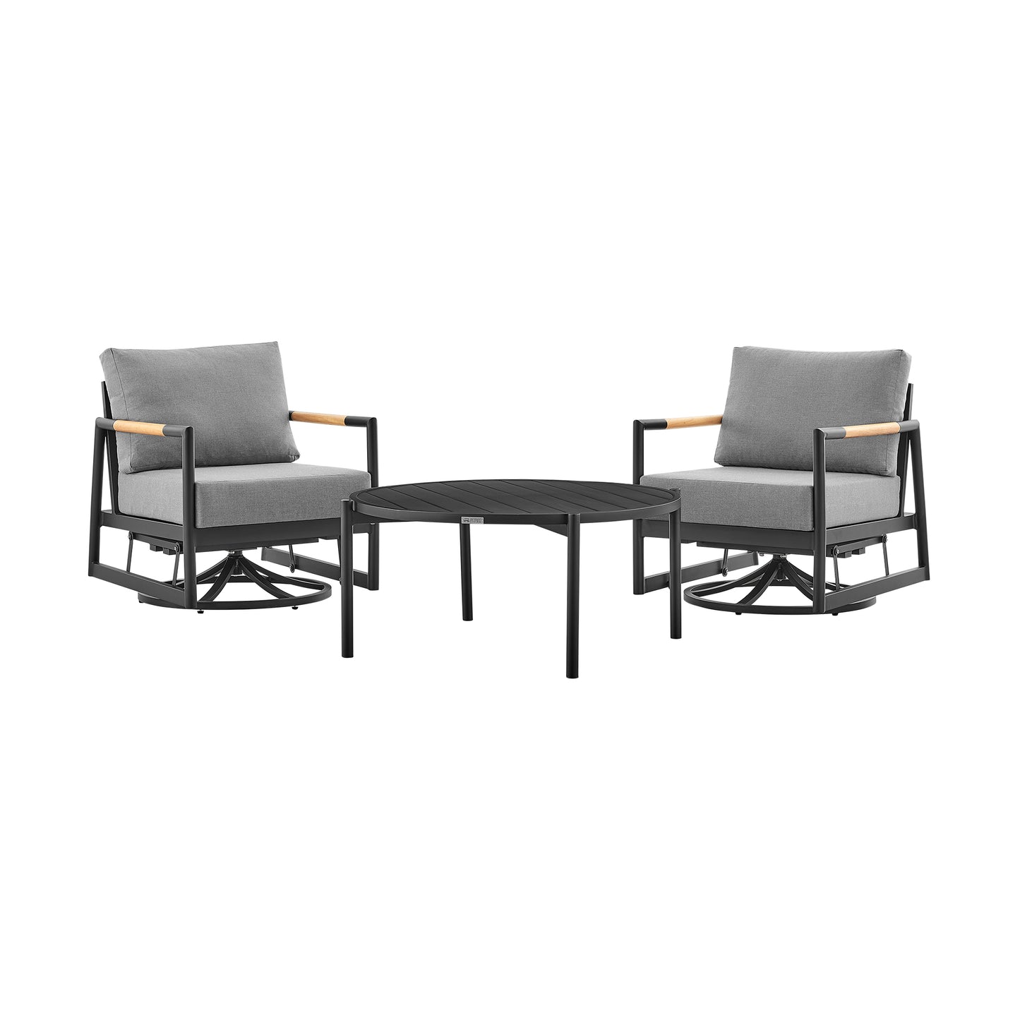 Royal and Tiffany 3 Piece Outdoor Patio Swivel Seating Set in Black Aluminum with Teak Wood and Grey Cushions By Armen Living | Outdoor Sofas, Loveseats & Sectionals | Modishstore - 2
