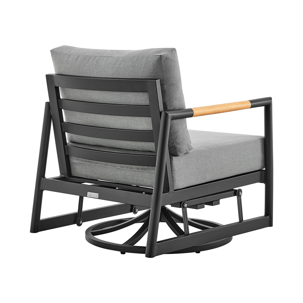 Royal and Tiffany 3 Piece Outdoor Patio Swivel Seating Set in Black Aluminum with Teak Wood and Grey Cushions By Armen Living | Outdoor Sofas, Loveseats & Sectionals | Modishstore - 5
