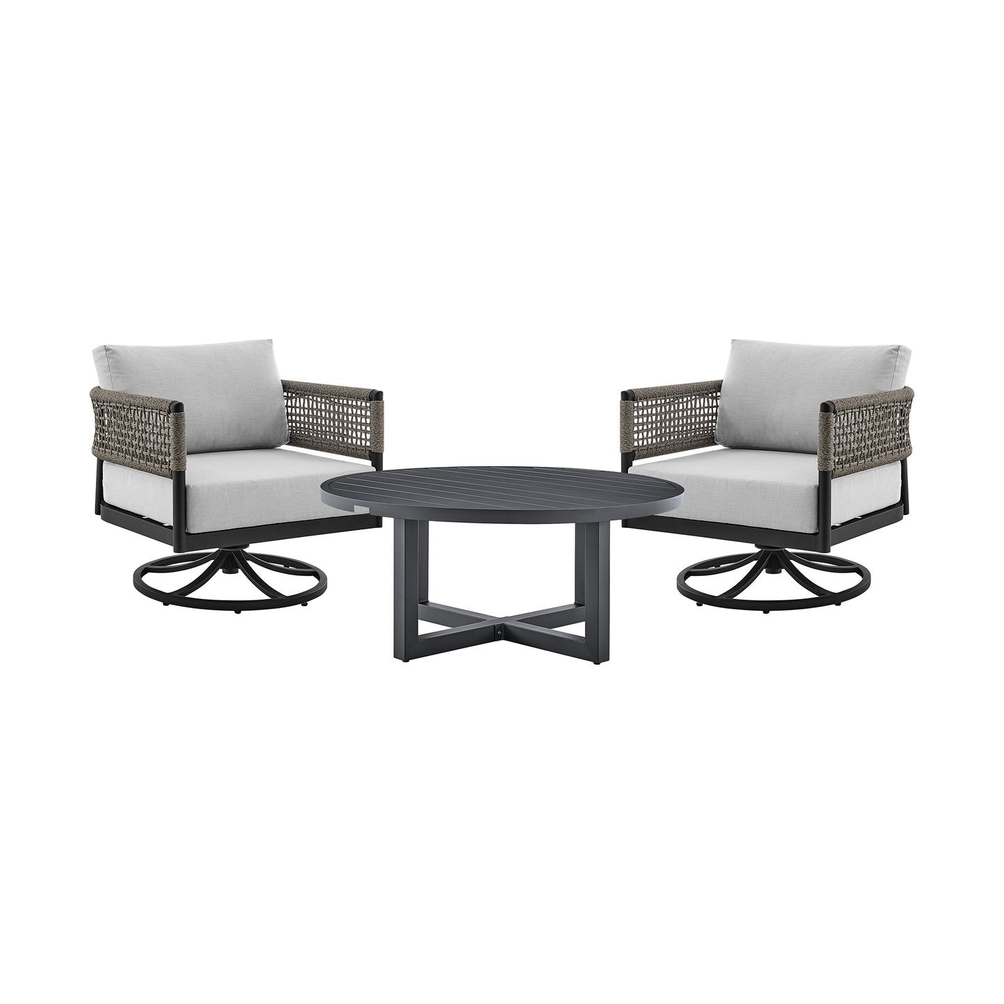 Felicia and Argiope 3 Piece Patio Outdoor Swivel Seating Set in Black Aluminum with Grey Rope and Cushions By Armen Living | Outdoor Sofas, Loveseats & Sectionals | Modishstore - 2