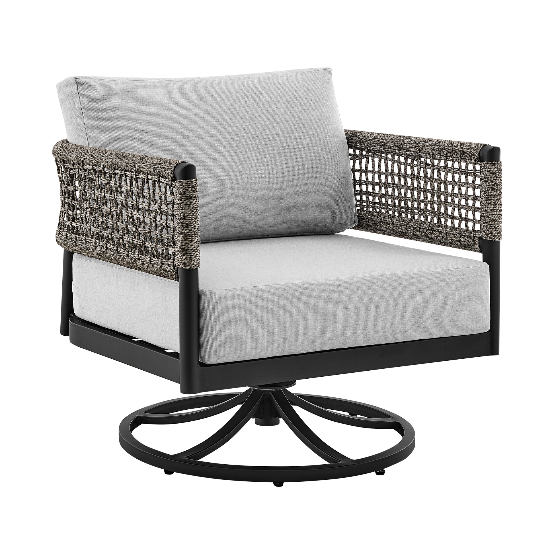 Felicia and Argiope 3 Piece Patio Outdoor Swivel Seating Set in Black Aluminum with Grey Rope and Cushions By Armen Living | Outdoor Sofas, Loveseats & Sectionals | Modishstore - 3