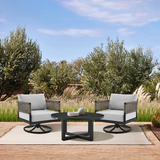 Felicia and Argiope 3 Piece Patio Outdoor Swivel Seating Set in Black Aluminum with Grey Rope and Cushions By Armen Living | Outdoor Sofas, Loveseats & Sectionals | Modishstore