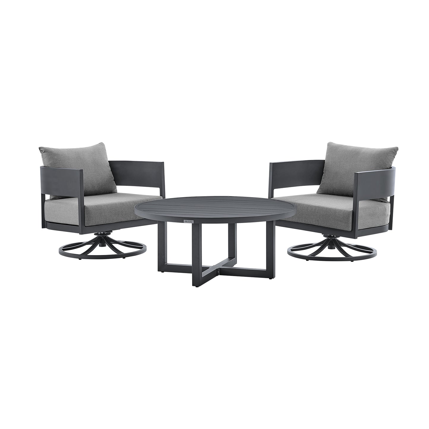 Argiope 3 Piece Patio Outdoor Swivel Seating Set in Dark Grey Aluminum with Grey Cushions By Armen Living | Outdoor Sofas, Loveseats & Sectionals | Modishstore - 2