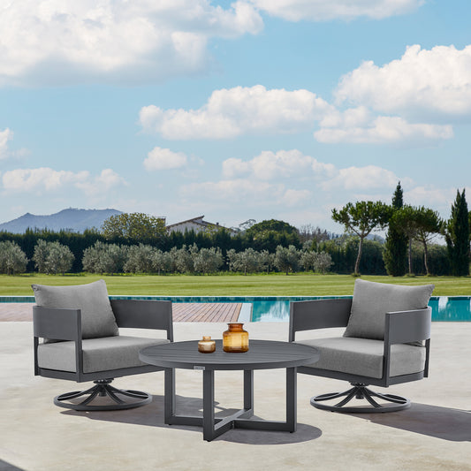 Argiope 3 Piece Patio Outdoor Swivel Seating Set in Dark Grey Aluminum with Grey Cushions By Armen Living | Outdoor Sofas, Loveseats & Sectionals | Modishstore