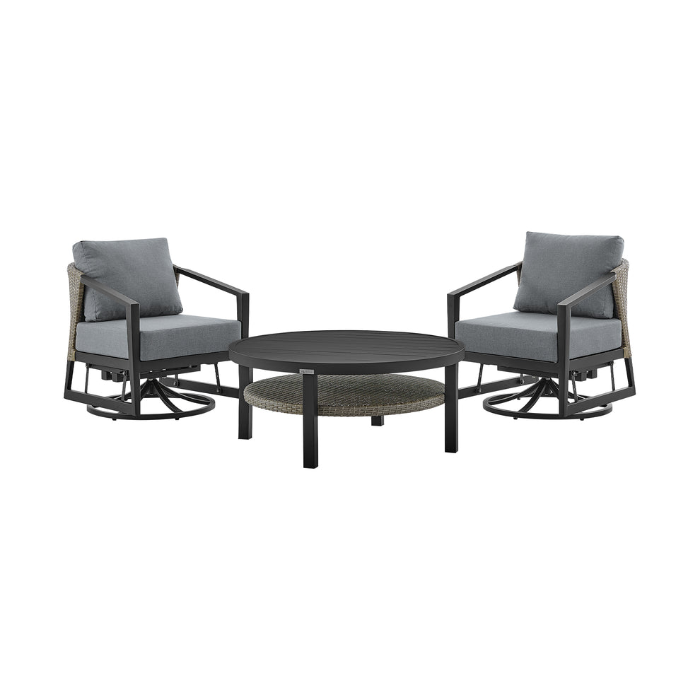 Aileen 3 Piece Patio Outdoor Swivel Seating Set in Black Aluminum with Grey Wicker and Cushions By Armen Living | Outdoor Sofas, Loveseats & Sectionals | Modishstore - 2