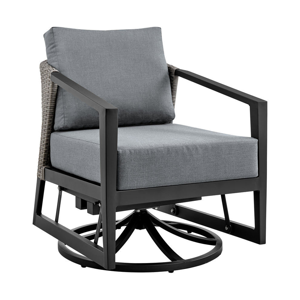 Aileen 3 Piece Patio Outdoor Swivel Seating Set in Black Aluminum with Grey Wicker and Cushions By Armen Living | Outdoor Sofas, Loveseats & Sectionals | Modishstore - 3