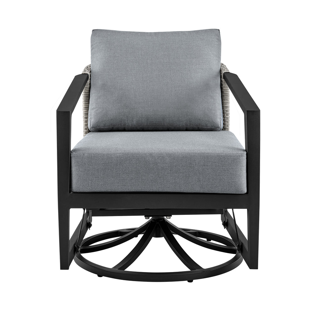 Aileen 3 Piece Patio Outdoor Swivel Seating Set in Black Aluminum with Grey Wicker and Cushions By Armen Living | Outdoor Sofas, Loveseats & Sectionals | Modishstore - 4