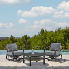 Aileen 3 Piece Patio Outdoor Swivel Seating Set in Black Aluminum with Grey Wicker and Cushions By Armen Living