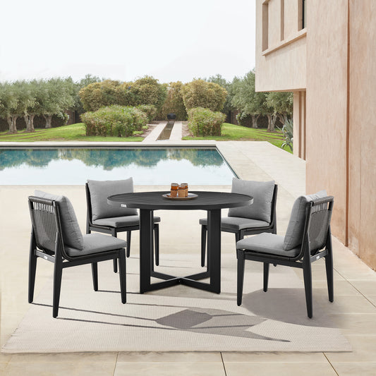 Grand Outdoor Patio 5-Piece Round Dining Table Set in Aluminum with Grey Cushions By Armen Living | Outdoor Dining Sets | Modishstore