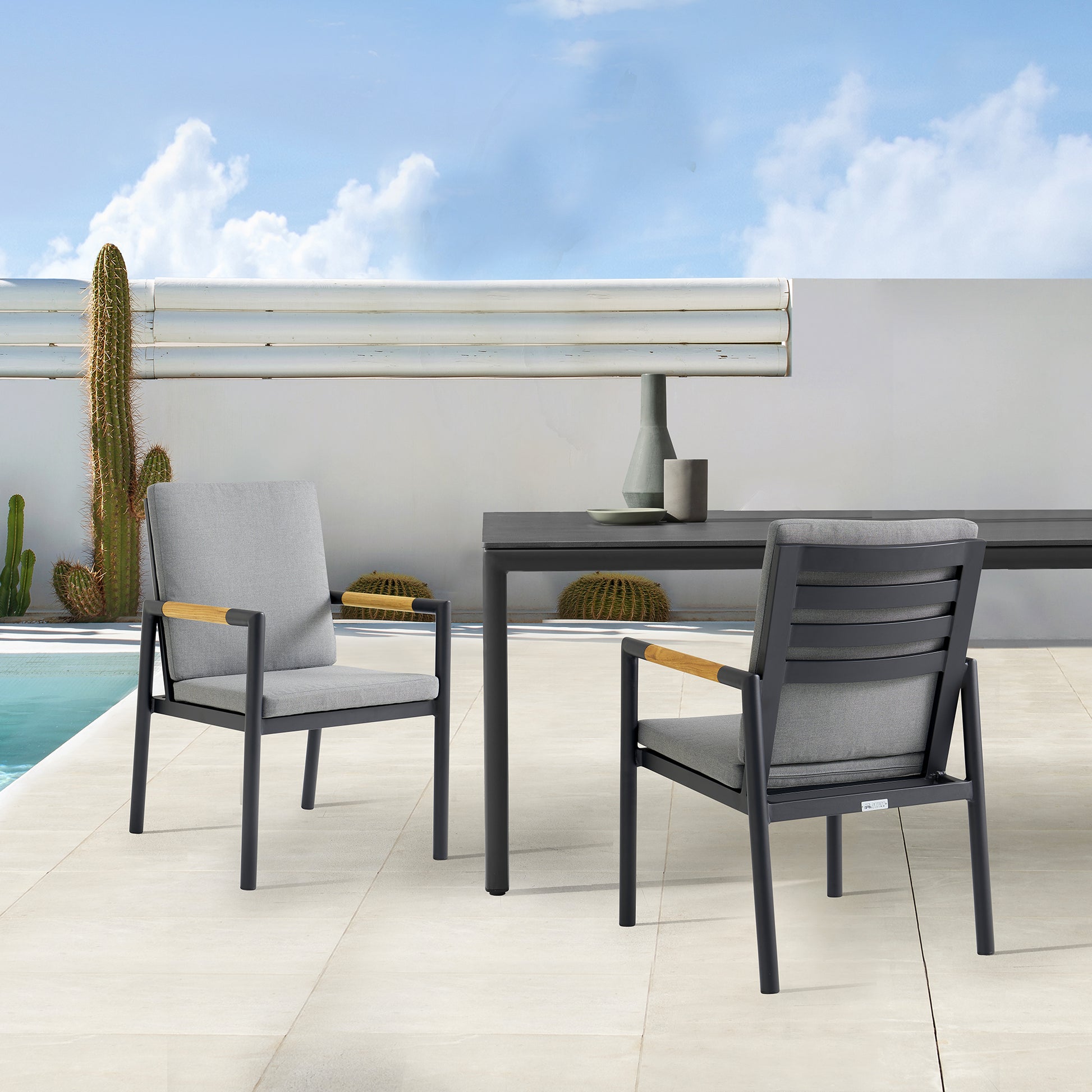 Royal Black Aluminum and Teak Outdoor Dining Chair with Dark Gray Fabric - Set of 2 By Armen Living | Outdoor Chairs | Modishstore