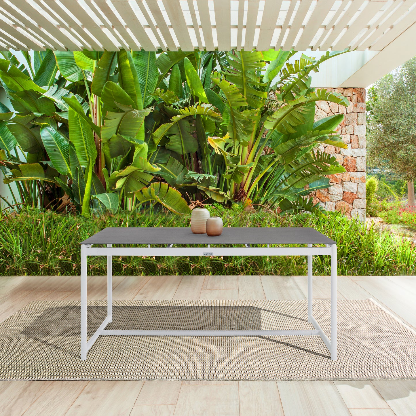 Royal White Aluminum and Teak Outdoor Dining Table with Stone Top By Armen Living | Outdoor Tables | Modishstore