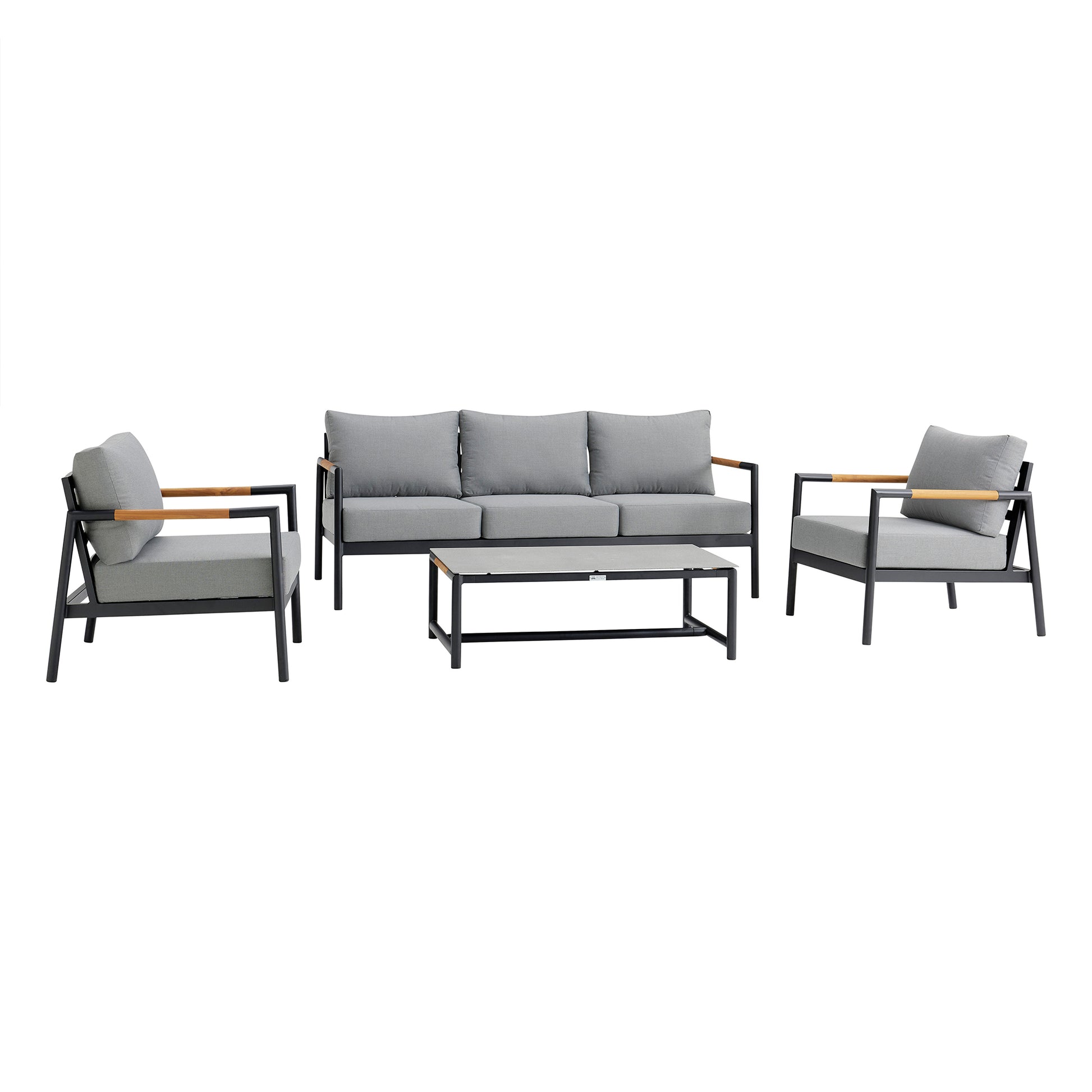 Royal 4 Piece Black Aluminum and Teak Outdoor Seating Set with Dark Gray Cushions By Armen Living | Outdoor Sofas, Loveseats & Sectionals | Modishstore - 2