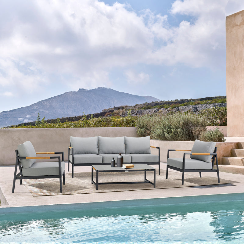 Royal 4 Piece Black Aluminum and Teak Outdoor Seating Set with Dark Gray Cushions By Armen Living | Outdoor Sofas, Loveseats & Sectionals | Modishstore