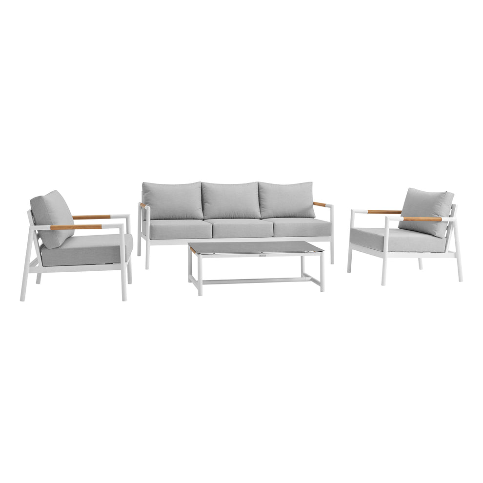Royal 4 Piece White Aluminum and Teak Outdoor Seating Set with Light Gray Cushions By Armen Living | Outdoor Sofas, Loveseats & Sectionals | Modishstore - 2