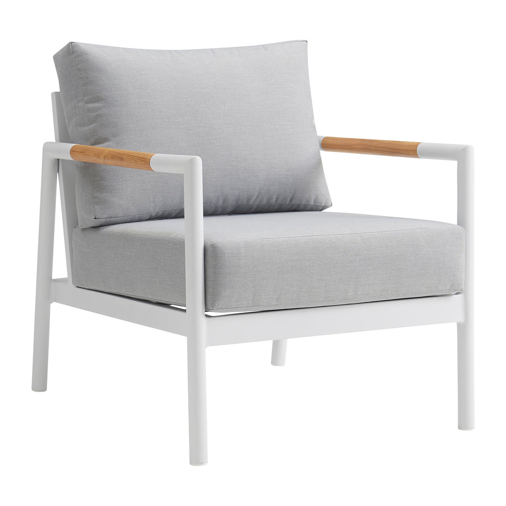 Royal 4 Piece White Aluminum and Teak Outdoor Seating Set with Light Gray Cushions By Armen Living | Outdoor Sofas, Loveseats & Sectionals | Modishstore - 5