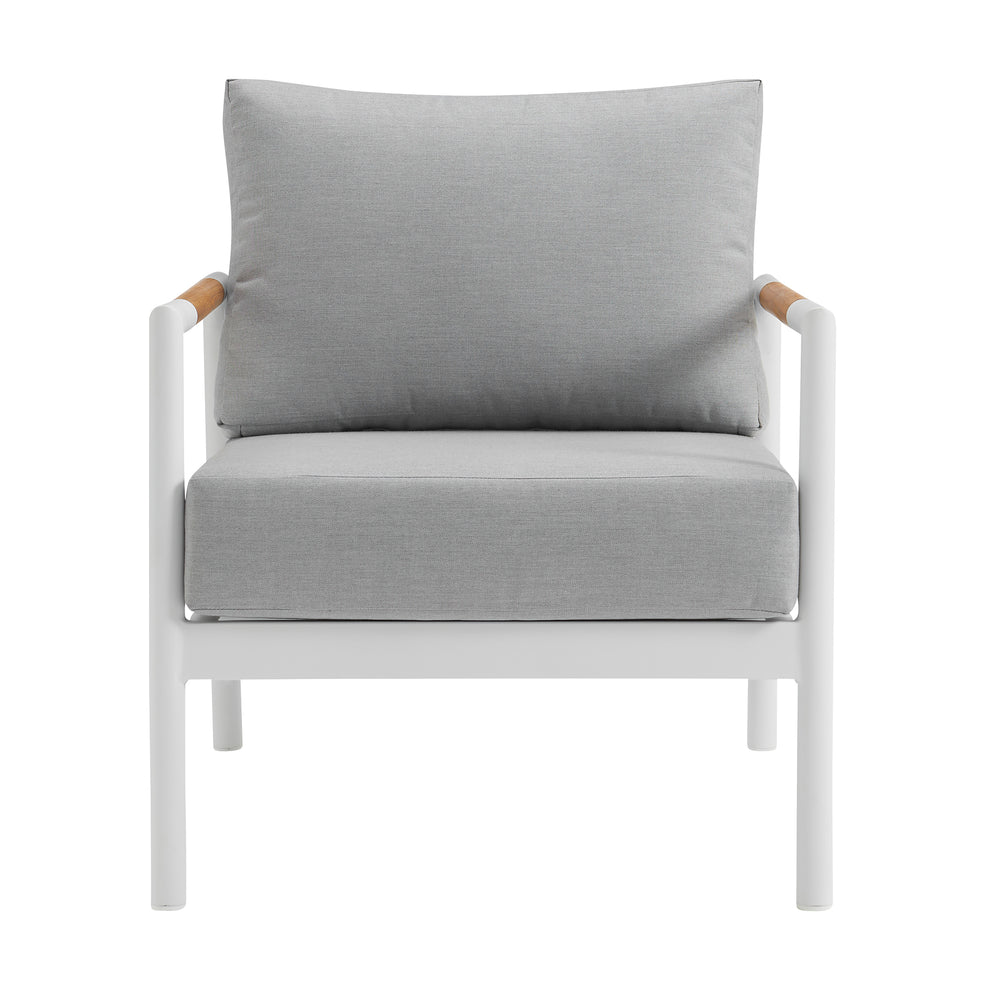 Royal 4 Piece White Aluminum and Teak Outdoor Seating Set with Light Gray Cushions By Armen Living | Outdoor Sofas, Loveseats & Sectionals | Modishstore - 6