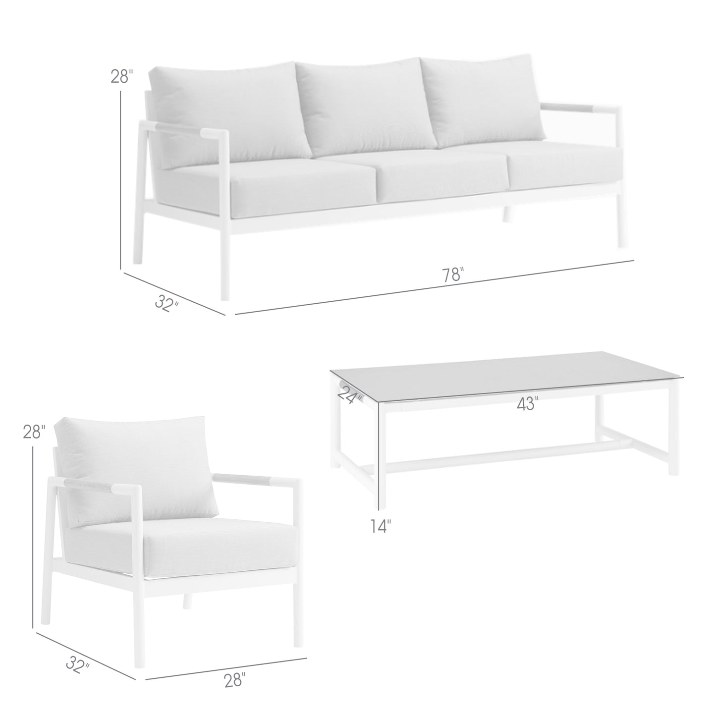 Royal 4 Piece White Aluminum and Teak Outdoor Seating Set with Light Gray Cushions By Armen Living | Outdoor Sofas, Loveseats & Sectionals | Modishstore - 8
