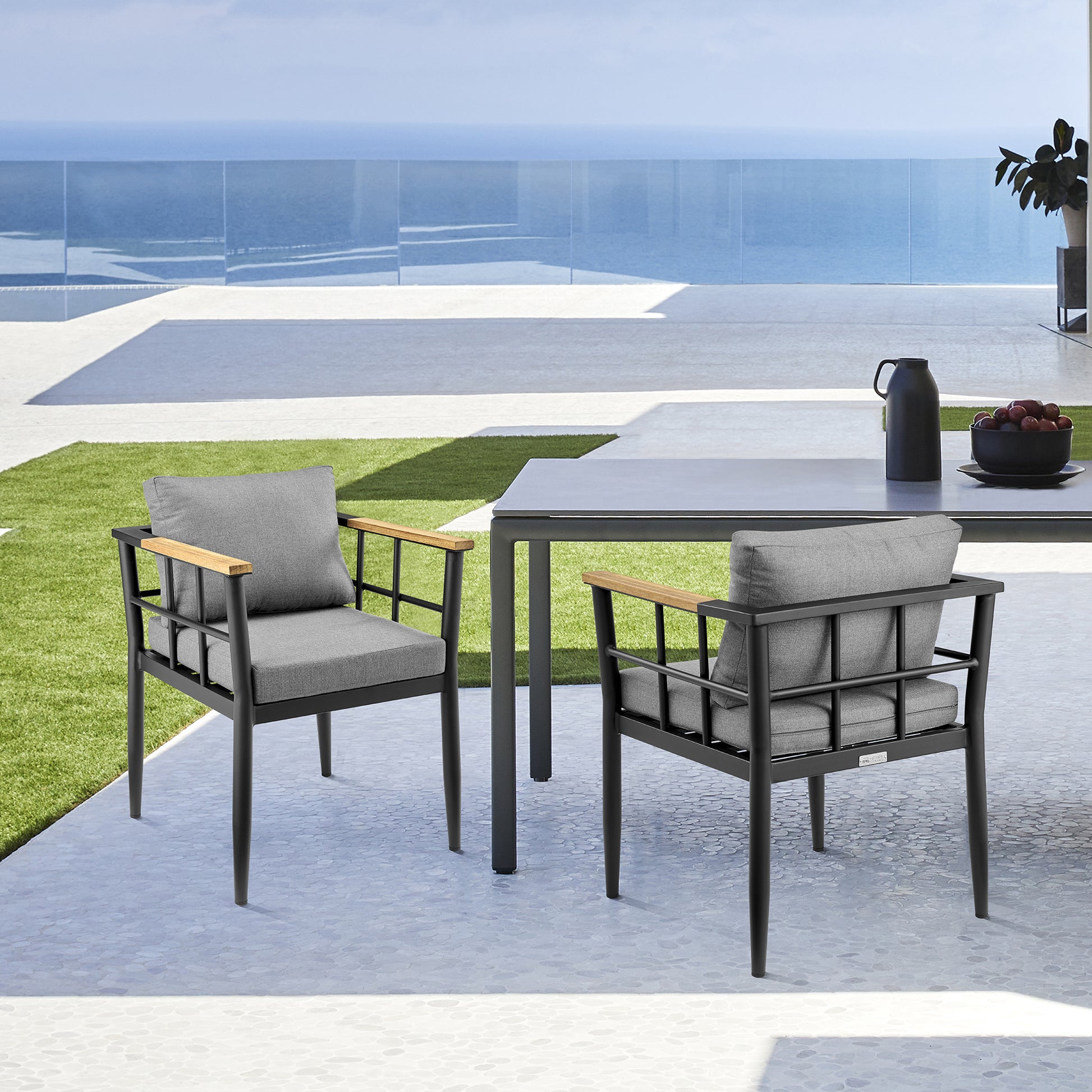 Beowulf Outdoor Patio Dining Chair in Aluminum and Teak with Grey Cushions – Set of 2 By Armen Living | Outdoor Chairs | Modishstore
