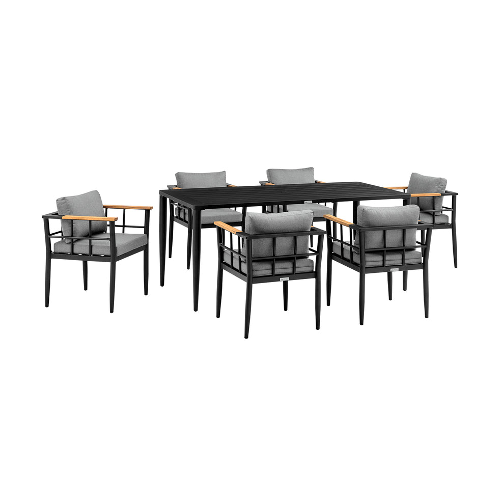 Beowulf Outdoor Patio 7-Piece Dining Table Set in Aluminum and Teak with Grey Cushions By Armen Living | Outdoor Dining Sets | Modishstore - 2